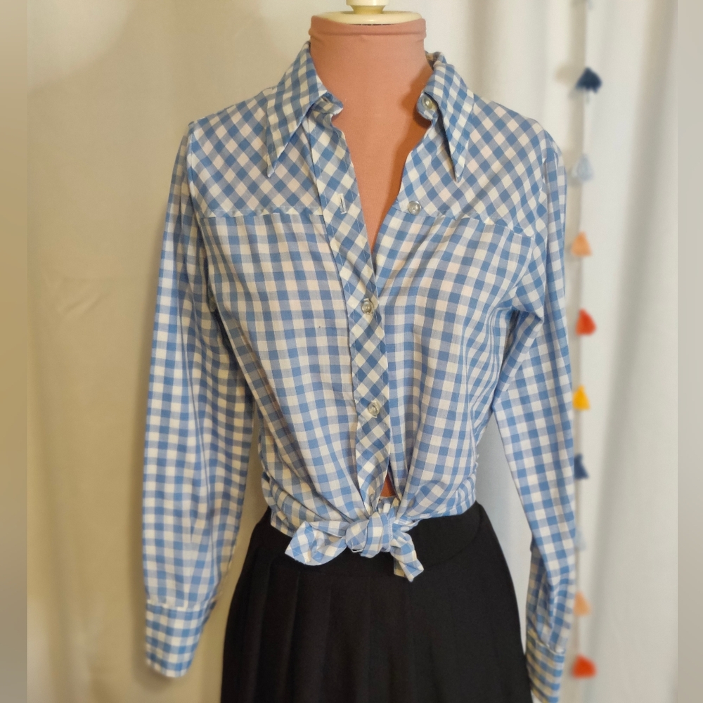 Gingham Picnic Check Plaid 60s vintage  PinUp Casual full button front Blouse M
